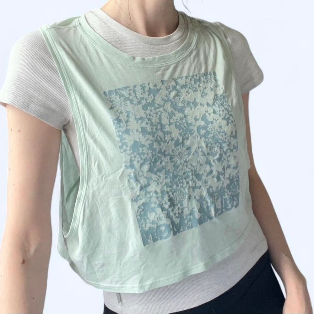 Lululemon Sage Green Cropped Muscle Tank Floral Graphic Top Size S